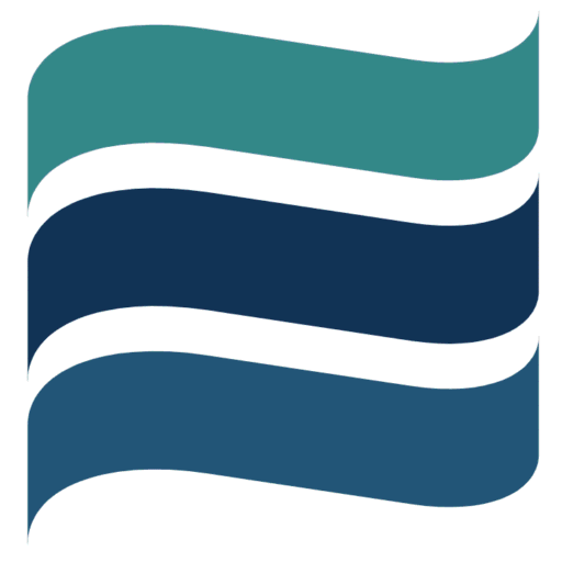 Abstract logo with three curved ribbons in teal, navy, and blue on a white background.